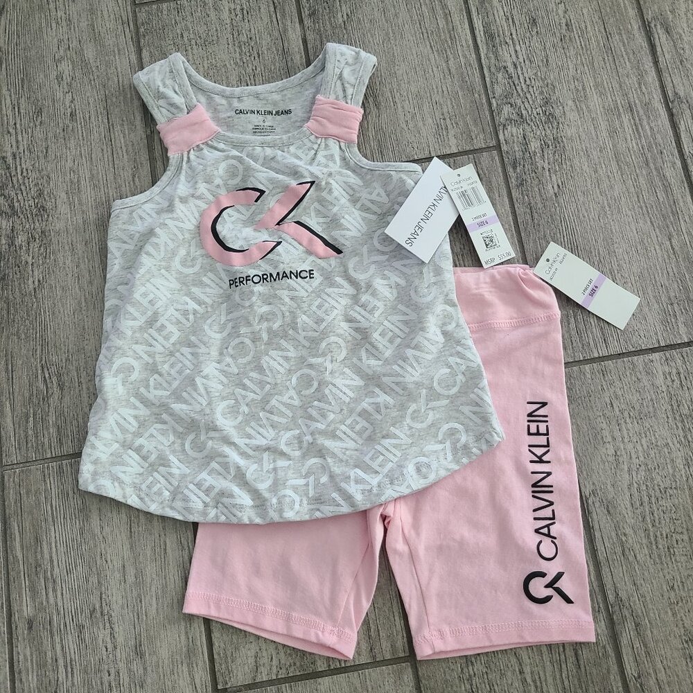 🆕️ Calvin Klein Jeans NWT Girls Pink & Grey Logo Performance Tank Shorts sz 6